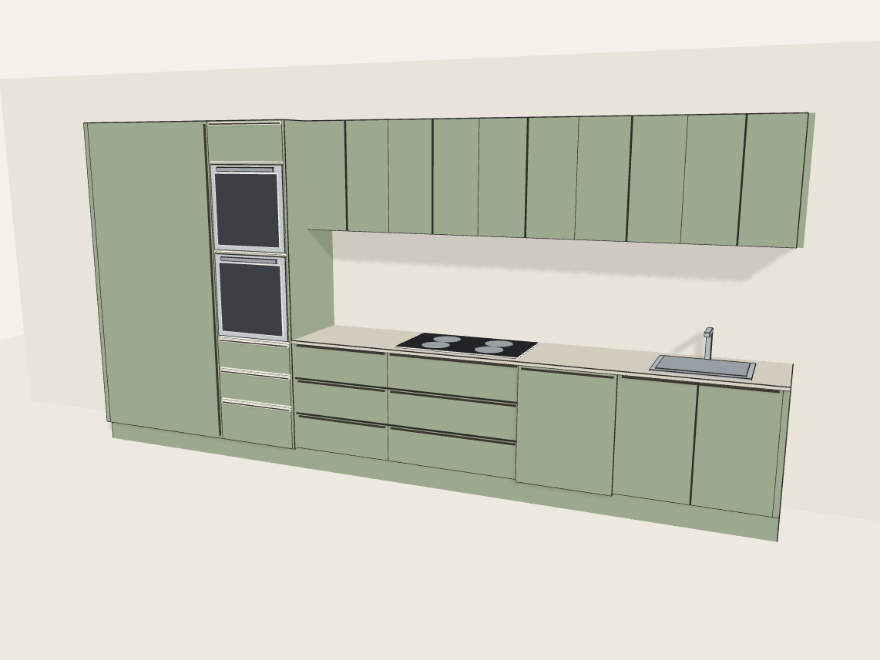 The same kitchen as a three-dimensional model in a plain studio view: sage green flat doors, stone benchtop and five wall cabinets, ready to rotate.