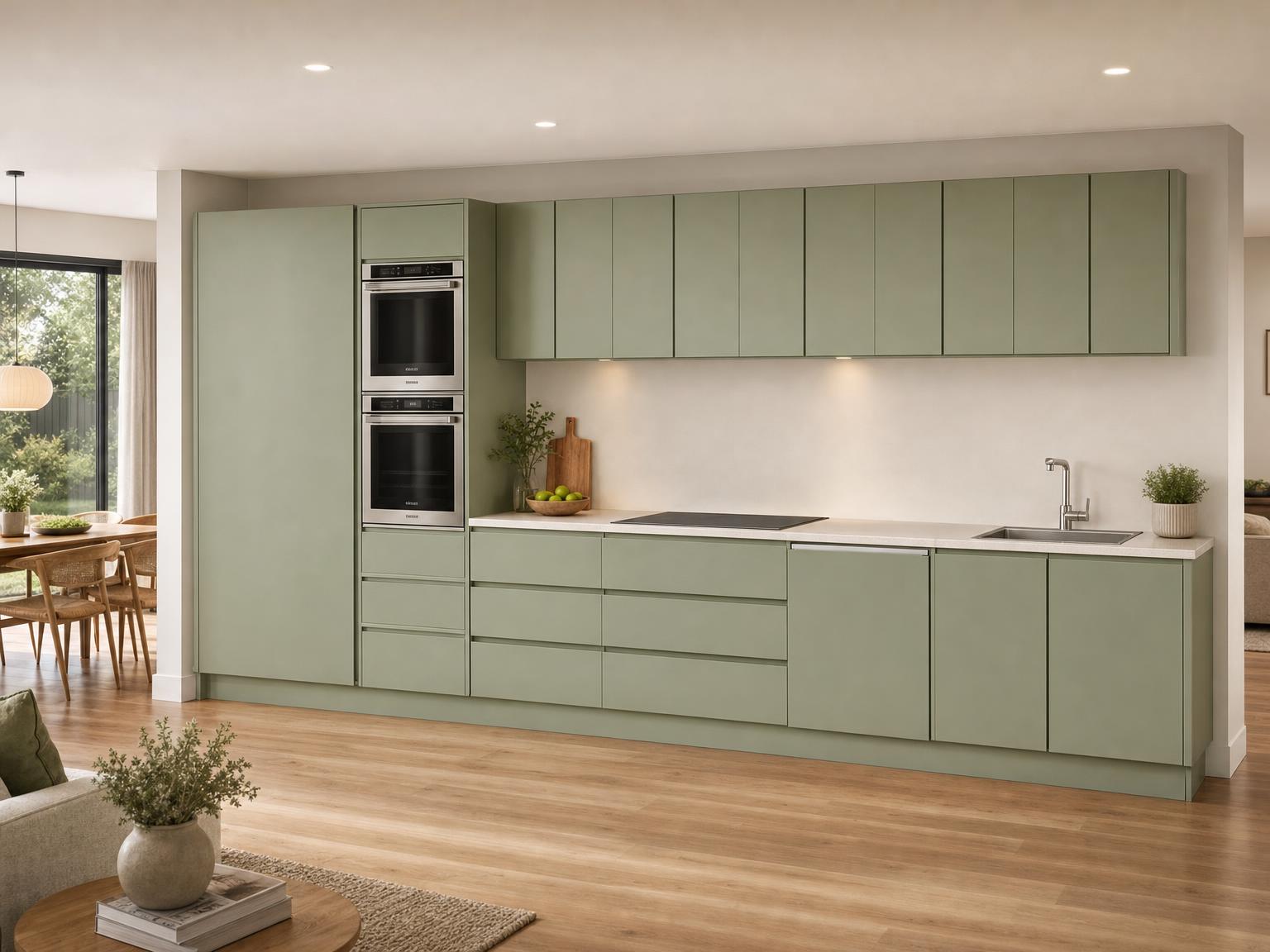 The same kitchen as a photorealistic render: sage green flat doors with bar handles, two wall ovens, a cooktop and sink in a stone benchtop, styled in a room.